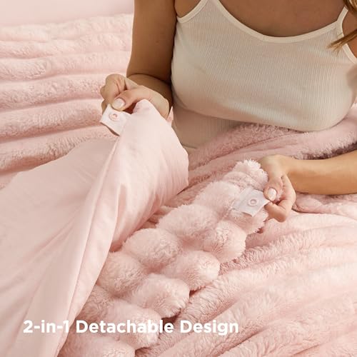 Image of Bedsure Gentlesoft 2-in-1 King Size Comforter Set and Detachable Fluffy Blanket, Pink Bedding Set for All Season Use, Detachable Design for Space Saving (Includes 2 Pillow Shams, 2 Pillowcases)