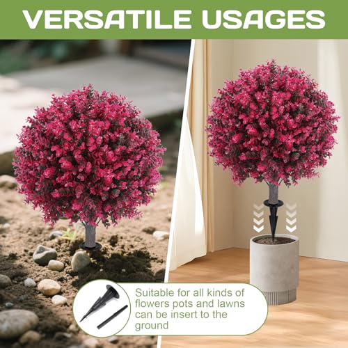 Artificial Red Eucalyptus Topiary Ball Tree 24\" with Ground Spike, Set of 2 Artificial Boxwood Bushes for Faux Shrubs, Fake Evergreen Faux Plant for Indoor Outdoor Garden -UV Resistant–Fade-Proof - Thumbnail 4