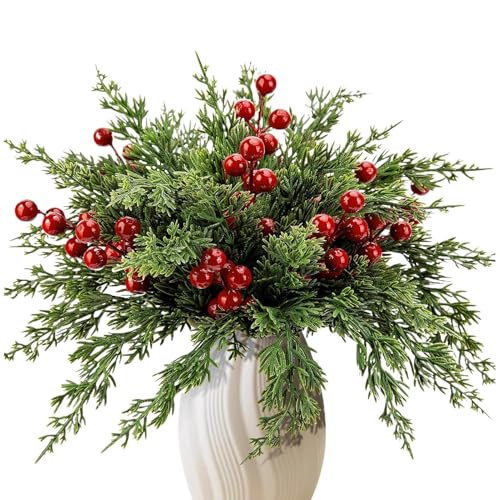 45 Ramas De Pino Artificiales Con Tallos De Bayas Rojas - 10.5 In Relleno De Jarrones, Tallos De Hojas De Pino, Ramas De Pinos Artificial De Navidad, Plantas Artificiales Decorativas, Decoración Hogar