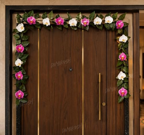 Image of Divyakosh Mango Leaf Vine /Creeper with Orchid Flowers for Door Entrance Decor 80 Inch | 14 Orchid Flowers Hanging Thoran /Bandarwal /Garland for Diwali Ganpati Mandir Festive Decoration