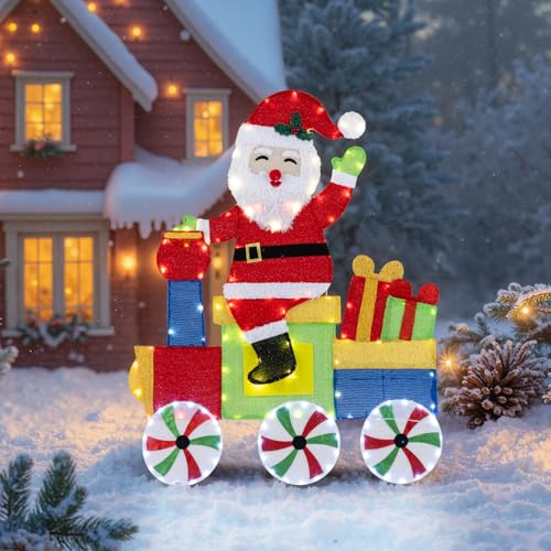 COSTWAY LED Weihnachtsmann im Zug, 120 cm Weihnachtsdeko mit 133...