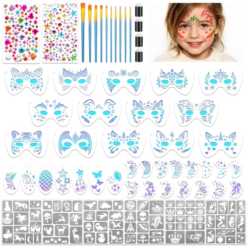 58PCS Face Paint Stencils Kit Includes 36 Reusable Facial Painting Stencils 6 Sheets Tattoo Templates Stickers 10 Brushes 2 Pack Adhesive Gems 4 Sponge for Halloween Festival Party Makeup