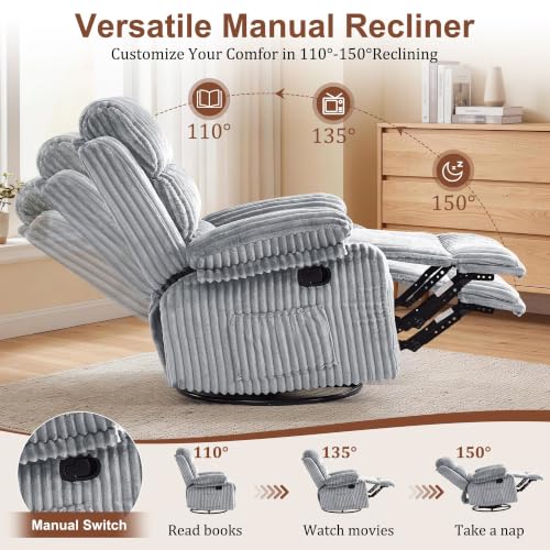 Image of Korser Rocking Recliner Chair, Nursery Rocker Chair for Adults, Small Recliners for Small Spaces, Swivel Rocker Recliner with Cushion, Upholstered Rocking Chairs for Living Room, Nursery, Grey