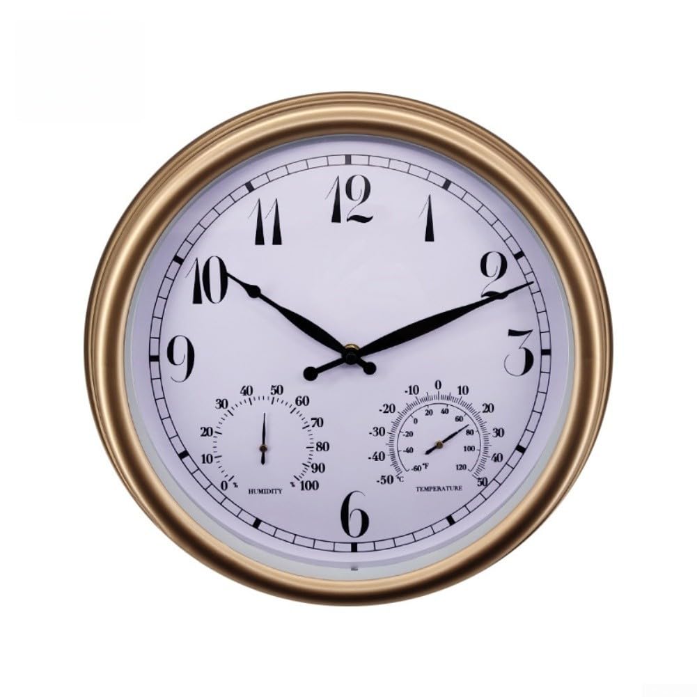 Reloj de pared para exteriores, 15 pulgadas, silencioso, sin tictac, con temperatura y humedad, termómetro de jardín impermeable, higrómetro, funciona con pilas (A)