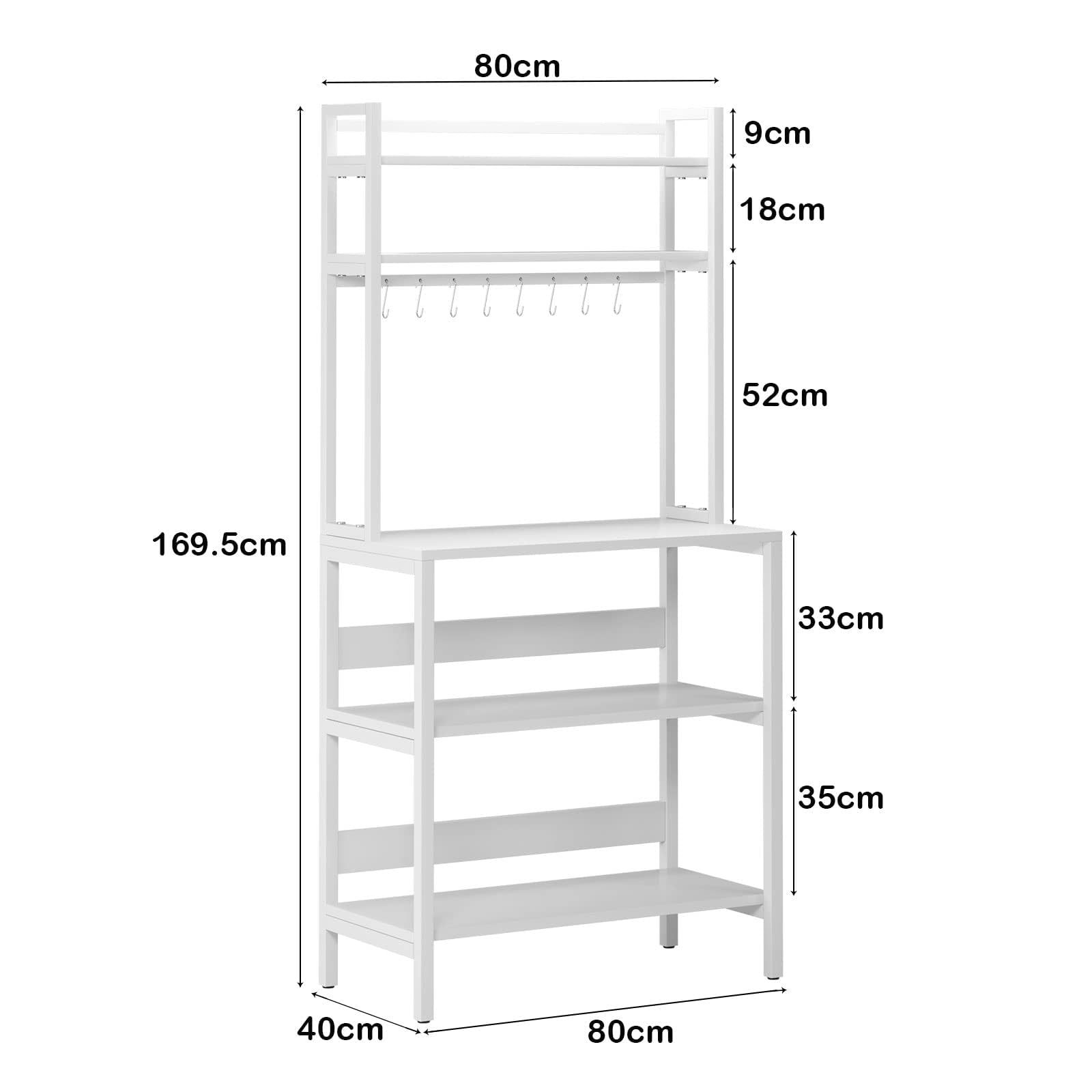 SogesHome Scaffale da cucina verticale a 5 livelli Scaffale Baker's Shelf per microonde con 8 ganci per stoviglie Scaffale verticale in legno e acciaio, 80 x 40 cm