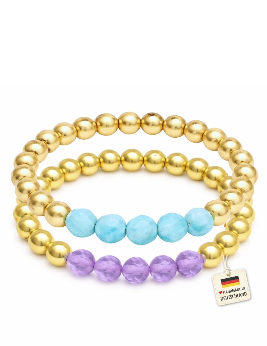 happymaker - Edelstein Ring Set, Amazonit und Amethyst mit vergoldeten Sterling Silber Perlen, Perlen auf elastischen Band aufgezogen, handmade mit schöner Verpackung