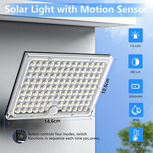Solarlampen für Außen,Solarleuchte mit Bewegungsmelder,113 LED Solar Strahler IP65 Wasserdichte Solar-Split Wandleuchte mit 5m Kabel für Garage, Garten, Hof, Stufen, Haustüren, Rasen - 2 Stück