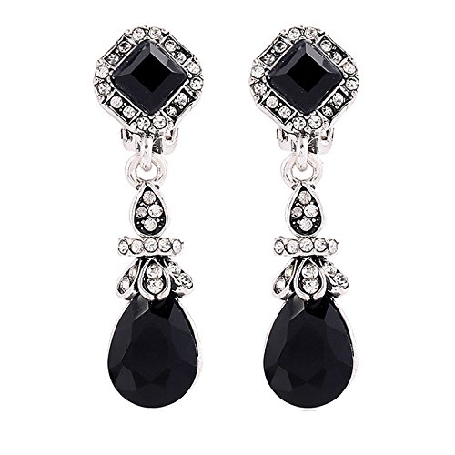 Silver Tone Art Deco Antique Vintage Style Jet Black Onyx Rhinestone Dangle Clip-On Earrings