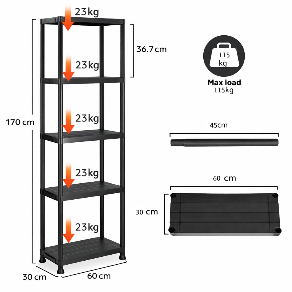 Estantería de Plástico Multiuso 5 Baldas 170x60x30cm | Estantería Almacenaje | Estantería Resistente | Estantería para Garaje | Trastero | Cocina | Oficina | Lavadero | Montaje sin Herramientas - 4