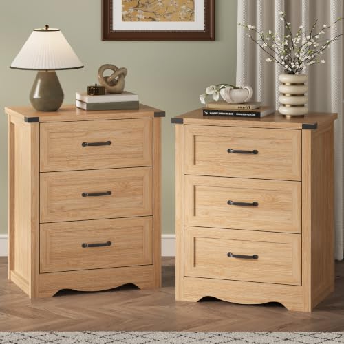 Image of Xixini Nightstand Set of 2 with 3 Storage Drawers, Tall Side Table, Oak