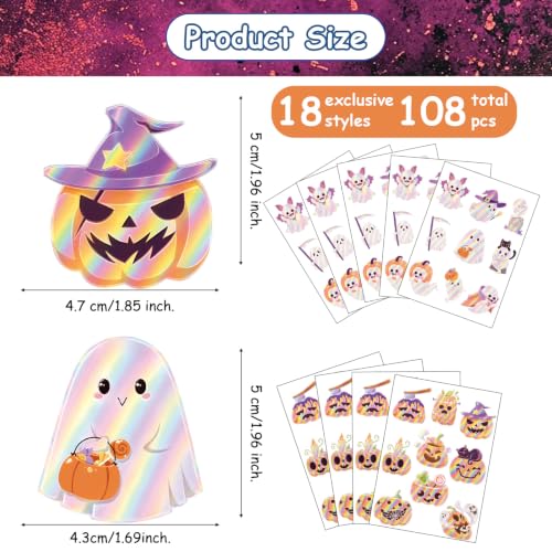 Koazava 108 Pcs Halloween Stickers, Cute Ghost Pumpkin Decals for Kids Craft, Holographic Self-Adhesive Sticker for Halloween Party Favor Decor Supplie Classroom Reward Envelope Card Seal, 2x2in Each - Image 3
