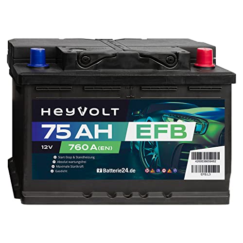 HeyVolt EFB Autobatterie 12V 75Ah 760A/EN Starterbatterie, Start-Stop & Standheizung geeignet, absolut wartungsfrei