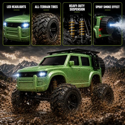 Image of Big Green Remote Control Car Toy | Defender | Smoke and LED Light | Monster Truck Remote Control 4x4 | Rechargeable Car | 2.4G Remote Control | High Speed | 100m Range | Birthday Gift for Kids