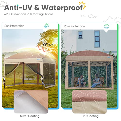 Quictent 6.6’X6.6’ Pop Up Canopy Tent With Netting, One Person Instant Setup Screen House Room Tent Screened- 4 Magnetic Doors, Waterproof (Khaki) #TOP4