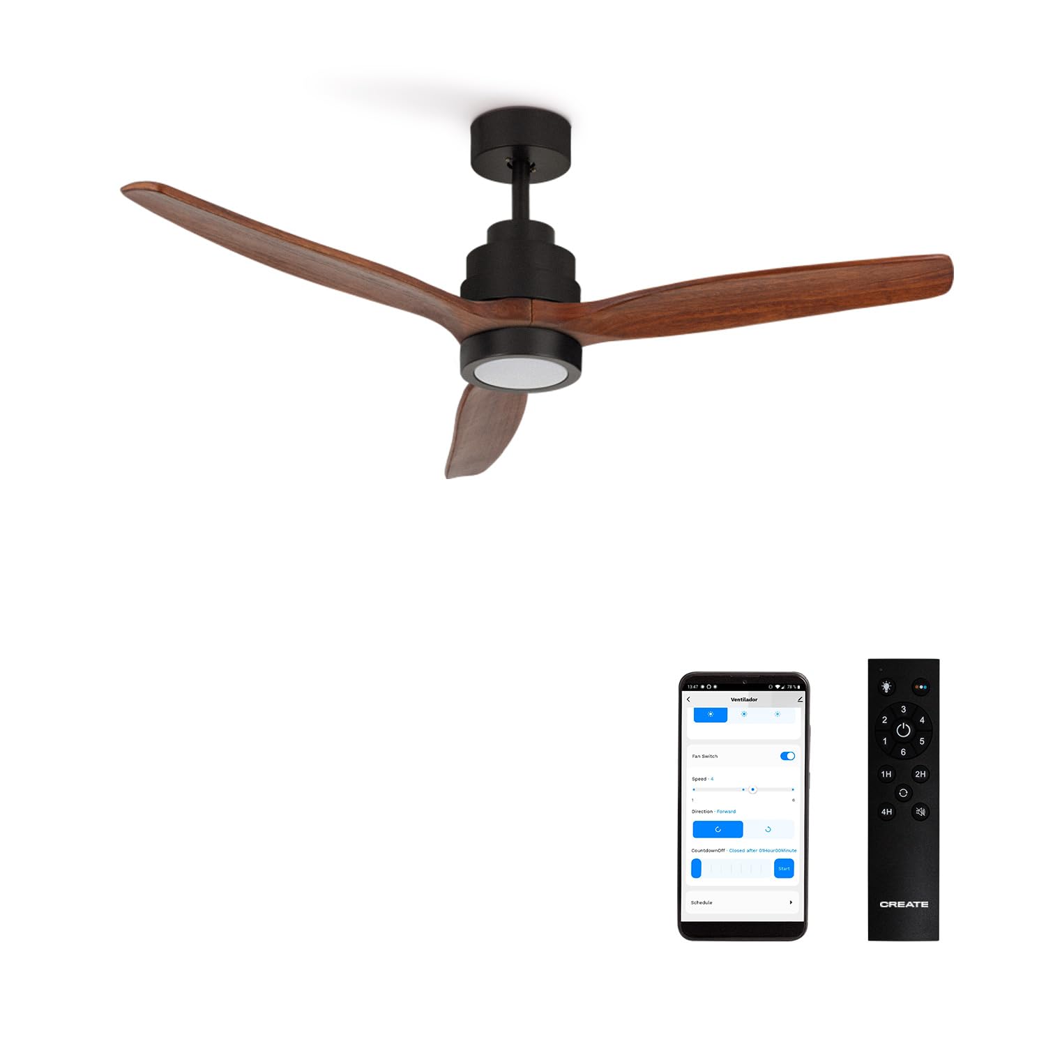 CREATE / WINDSTYLANCE S/Ventilador de techo ABS con luz negro aspas efecto madera oscura con Wifi y mando / 40W, Temporizador, Ø112 cm, 3 temperaturas de luz, verano-invierno, doble altura