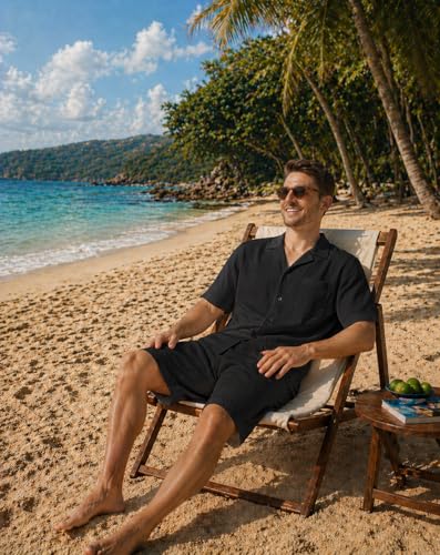 Image of DAVID ARCHY Men's Pajamas Set, Short Sleeve Shirt and Shorts | Breathable, Summer Beach Loungewear, Cruise Vacation Outfit