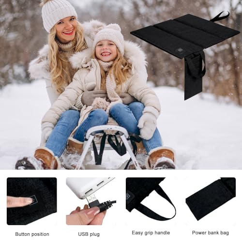 RNPKZ Beheiztes Sitzkissen, 44 x 40 cm Beheizbares Sitzkissen, Beheiztes Kissen mit 3 Heizstufen, Faltbares USB-Heizsitzkissen für Unterwegs, Stadion, Camping, Outdoor Kissen (Enthält Keine Powerbank)