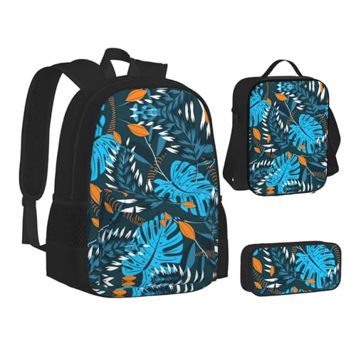 Summer Tropical Leaves Print 3 Piece Set Backpack, Lunch Bag, Pencil Case, Cute Sturdy For College And Travel2