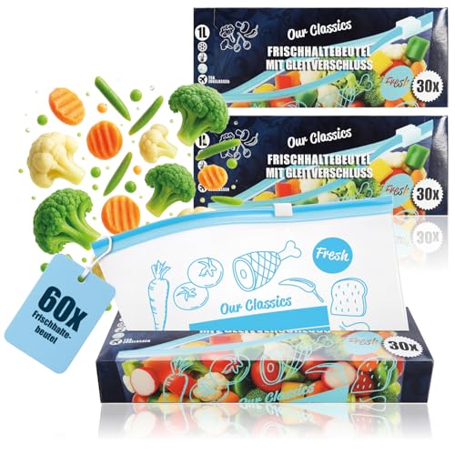 com-four 60x Frischhaltebeutel zum Verschließen wiederverschließbare Beutel zur Lebensmittelaufbewahrung für Obst Gemüse Milch Snacks Sandwich Fisch und Fleisch - 1 Liter (60 Stück - 1000ml)