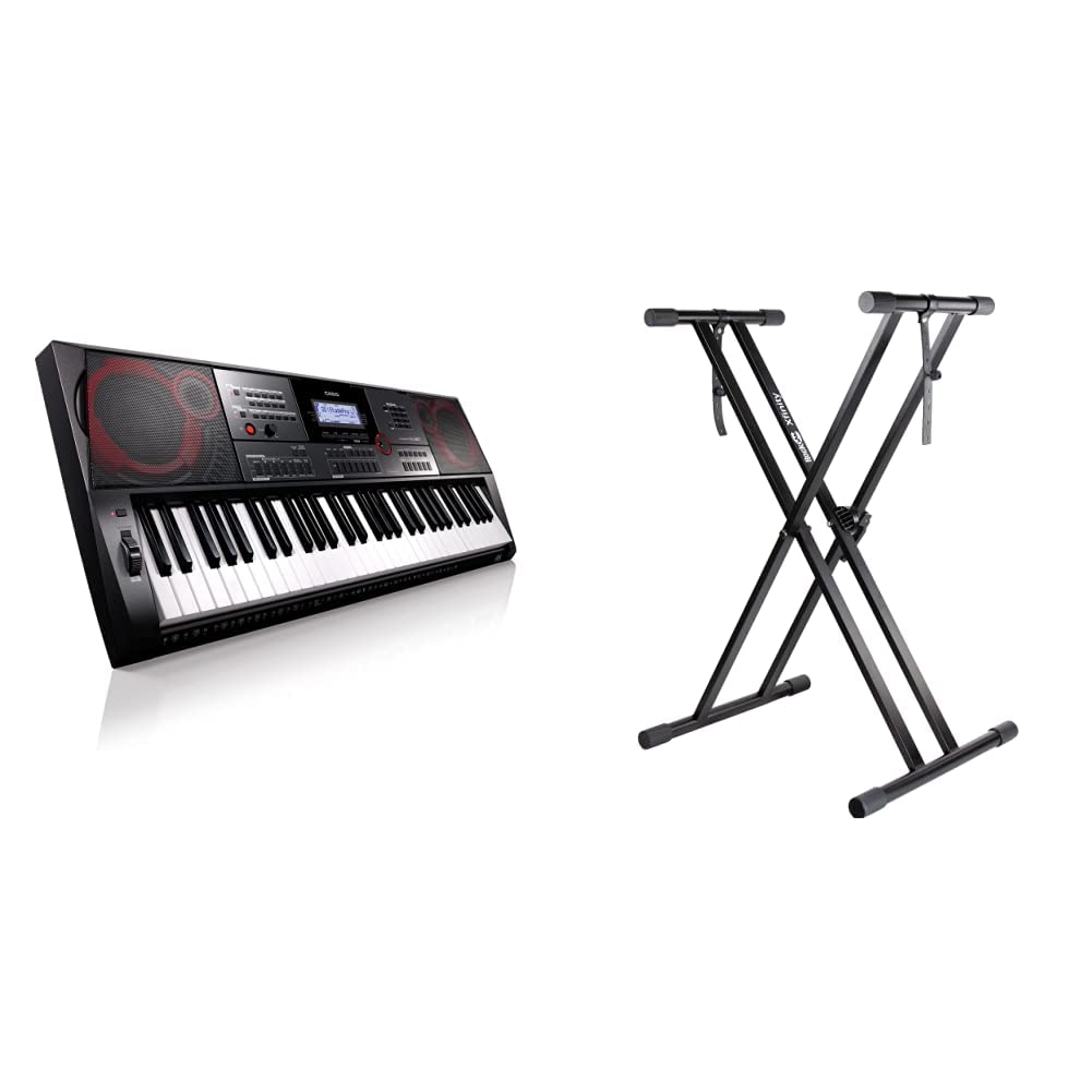 Casio CT-X5000 Top Keyboard mit 61 anschlagdynamischen Standardtasten, Begleitautomatik und starkem Lautsprechersystem schwarz, weiß & RockJam Xfinity Doppelstrebiger, vormontierter Keyboardständer