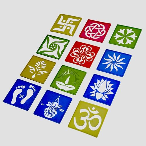 Image of CRAFTAM Different Design Ready to Draw Rangoli Making Stencils, Rangoli Plastic Stencils for Floor Decoration, Diwali Rangoli art stencils reusable, Festival decoration Rangoli tools (Set of 12, Size 4x4 Inch)