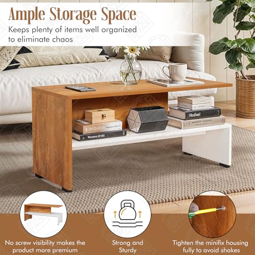 Image of ABOUT SPACE Coffee Table - Portable Wooden Centre Table with Partition Storage - DIY Furniture - Sofa Tea Poyee for Living Room, Home, Office (White & Teak - L 90 x B 40 x H 43 cm)