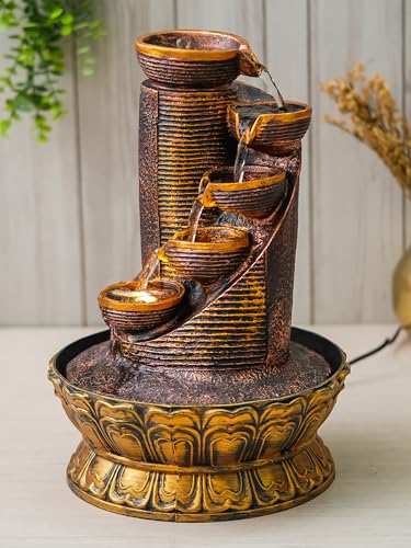 Image of CHRONIKLE Polyresin Antique Designer Table Top Indoor 5 Artistic Steps Waterfall Fountain with Yellow LED Lights & Water Flow Controller Pump (Size: 41 x 25 x 25 CM | Weight: 1980 gram | Color: Multi)