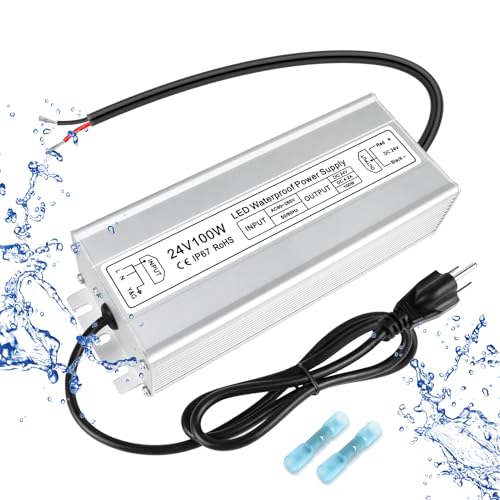 Image of LED Driver 100W 24V Power Supply, IP67 Waterproof Low Voltage Transformer, AC 90-265V to DC 24V 4.2A Converter with 3-Prong Plug 3.3 Feet Cable for Outdoor LED Lights, Industrial, Computer