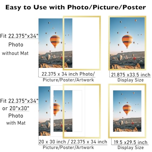 Image of JCJMY 22.375x34 Picture Frame with 20x30 Mat, Display Photo 20x30 with Mat or 22.375 x 34 Without Mat, Wall Hanging Large 22.375 by 34 Poster Frame with Plexiglass, Gold