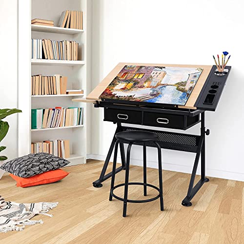 BBBuy-Drafting-Table-Desk-ArtCraft-Work-Station-Drawing-Desk-Height-Adjustable-Tilting-Tabletop-Craft-Table-wStool-and-2-Storage-Drawers-for-Home-Office-School-Study-Room