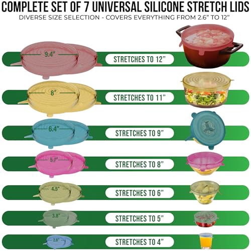 Image of Reusable Silicone Stretch Lids for Food Storage in Fridge - Elastic Heat-Resistant Bowl Covers, Cups, Cans, Jars - Universal Food Grade Lid for Round and Rectangle Containers - 7 Pack - Multicolor
