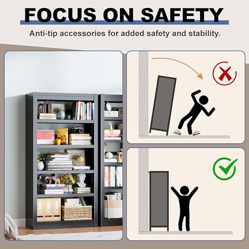 Image of 61 inch Metal Bookshelf, Small 5 Shelf Bookcase, 5-Tier, Black | Adjustable Shelves, Heavy-Duty Metal, Modern Style, Anti-Tip Design, Ideal for Living Room, Home Office, Study Room