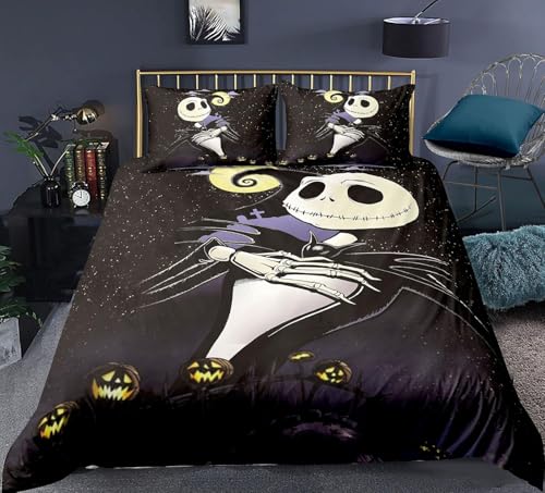 EVURUUMT Nightmare Christmas Duvet Set – duvet cover king size with spooky Black Jack, grinning jack-o'-lanterns and festive ghosts of the dark for a spooky Christmas vibe