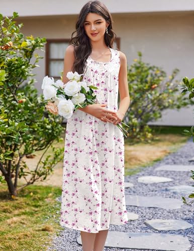 Image of Ekouaer Nightgowns for Women Cotton Long Night Gown Sleeveless Sleep Dress Victorian Nightdress Ladies Sleepwear