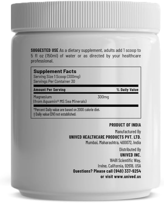 Unived Marine Magnesium, Aquamin Magnesium Citrate 300mg from Sea Water, Nerve Function, Muscle Health, Sleep and Recovery Support, 30 Servings