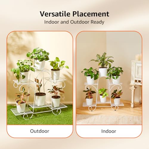 Image of Amazon Basics Metal Planter Stand for Living Room, Indoor Outdoor Plant Stand for Balcony and Home Decor, Holds 6 Planters, White