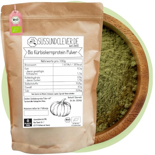 süssundclever.de® Bio Kürbiskernprotein Pulver | 700g | Roh | aus Österreich | 700 g | 65% veganes Protein | Ohne Zuckerzusatz oder Aromen | ökologisch-nachhaltig abgepackt