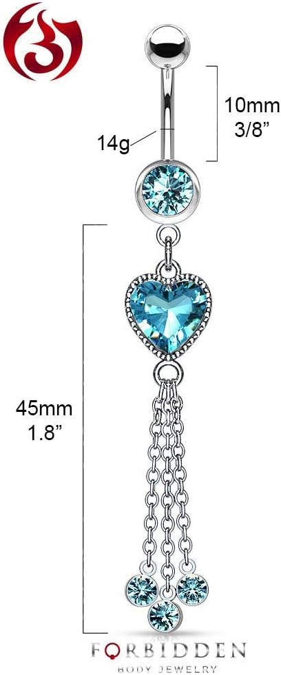 Forbidden Body Jewelry Surgical Steel Dangle Belly Button Ring Featuring CZ Heart and Chains