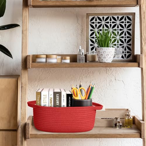 Image of Small Woven Gift Basket, Baskets for Gifts Empty, Cotton Rope Cat Dog Toy Box, Nursery Baby Bin, Wicker Basket with Handles, Shelf Storage and Home Decor, Red, 12 inchx 8 inchx 5 inch