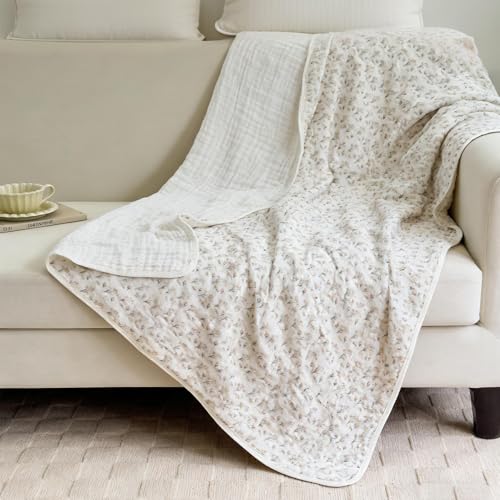 Image of SANACYNA Muslin Blanket 100% Cotton 6-Layer Gauze Floral Bed Blanket Lightweight Soft Breathable Cooling Blanket for Sofa Couch Bed Coverlet Both Sides (Floral A, Throw 50 inchx60 inch)