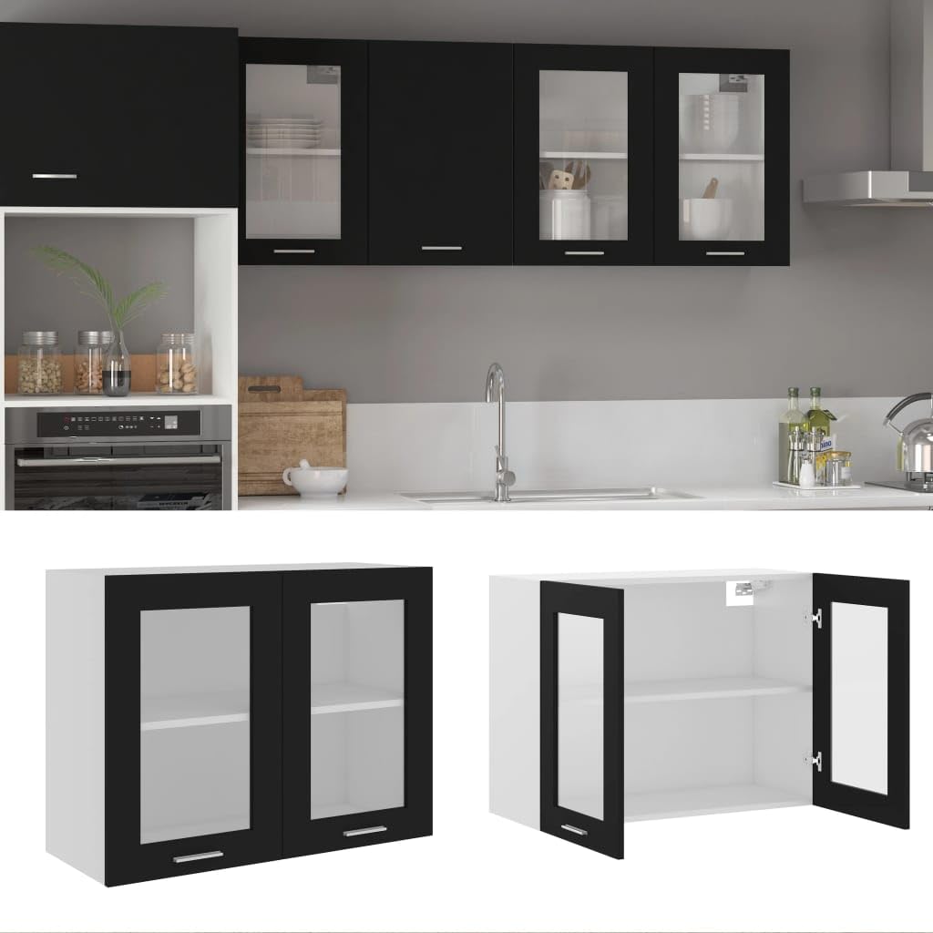 vidaXL Hängeglasschrank 2 Regalböden Hängeschrank Einbauküche Küchenzeile Küchenmöbel Oberschrank Küchenschrank Schwarz 80x31x60cm Holzwerkstoff