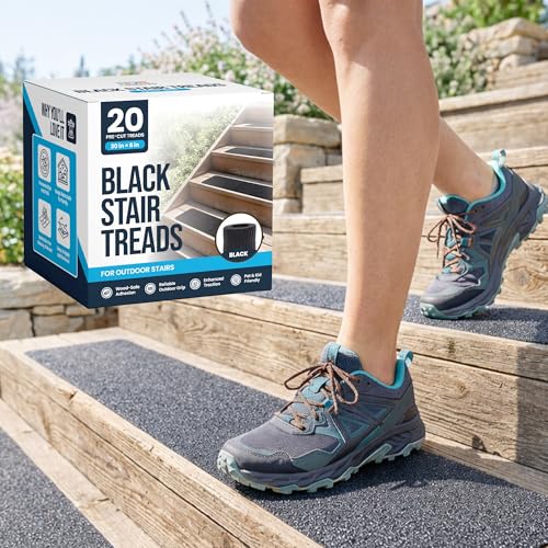 Outdoor Stair Treads Non Slip (20 Pack) - Black 30” x 6” Anti Skid Grip Tape, Heavy-Duty Waterproof Weather-Resistant Adhesive Strips for Exterior Steps
