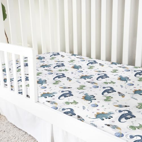 Image of Watercolor Space Dinosaurs Baby Crib Sheet 52''x28'' Cute Dinosaur Rockets Planet Stars Leaves Snug Fitted Crib Mattress Cover for Boy Girl Soft Baby Bed Sheet for Standard Crib and Toddler Mattress