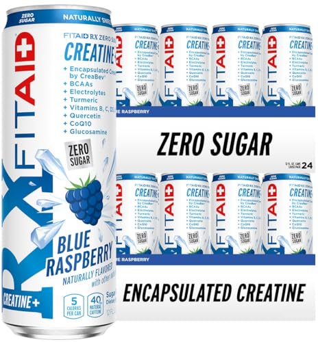 Image of FITAID RX Zero Sugar, Encapsulated Creatine, Workout Recovery Drink, All-In-One Blend, BCAA, Glucosamine, Turmeric, B-Complex, Electrolytes, Blue Raspberry, 12 Fl Oz (Pack of 24) - Packaging May Vary