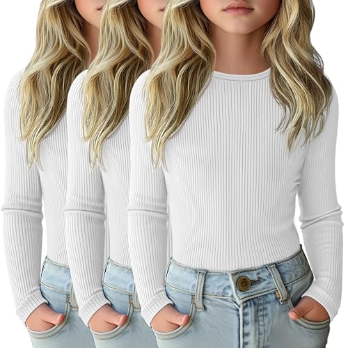 LessonZoo 3 Pack Girls Long Sleeve Shirts Ribbed Knit Cotton
