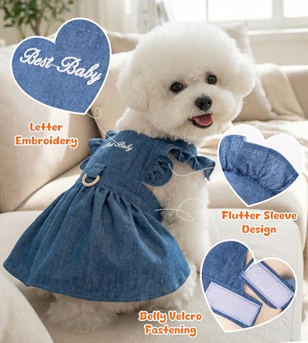 Denim Cat Dog Dress Clothes for Small Dogs with Leash Ring Summer Girl Small Dog Clothes Outfit Belly Velcro Fastening Cat Outfits&Apparel for Girl - Image 5