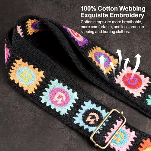 Image of Nefelibata Guitar Strap,Jacquard Embroidery Cotton Guitar Straps with Crazy Horse Leather Ends for Bass, Electric & Acoustic, Best Gifts for Kids, Guitarists(Smiling Black Embroidery)