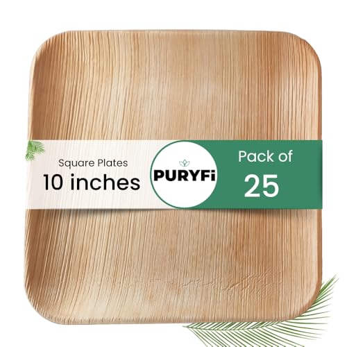Puryfi Platos de hoja de palma desechables de bambú como cuadrados de 10 pulgadas (paquete de 25), platos 100% compostables, perfectos para bodas y fiestas, mejores que los platos de plástico y papel