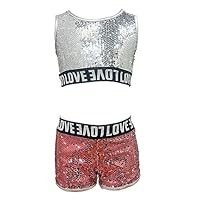 ZUYPSK Conjunto de 2 peças de collant atlético para meninas, sem mangas, com shorts, ginástica, dança, esportes, treino, outfts, Rosa e prata, 8-10