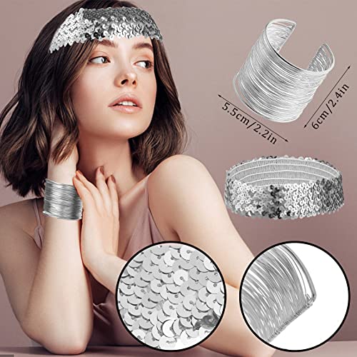 7 Pcs Silver Disco Set 1970s Disco Accessories Disco Set Square Sparkling Sunglasses Wire Metal Coil Bracelets Glitter layered necklace Metal Mesh Grid Tassel Dangle Earrings Sequin Headband4